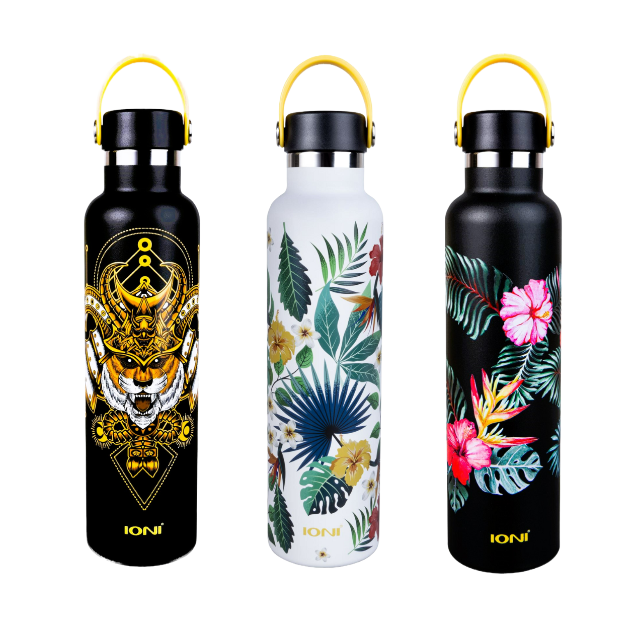 Ioni Designer Water Bottle White Tropical 24oz - Cute Water Bottles for Women BPA Free Stainless Steel Insulated Leakproof Thermos - Slim Water